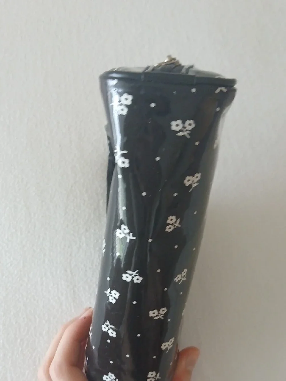 Vintage 80s Lancome Black Floral Patent Leather Dome Cosmetic Bag